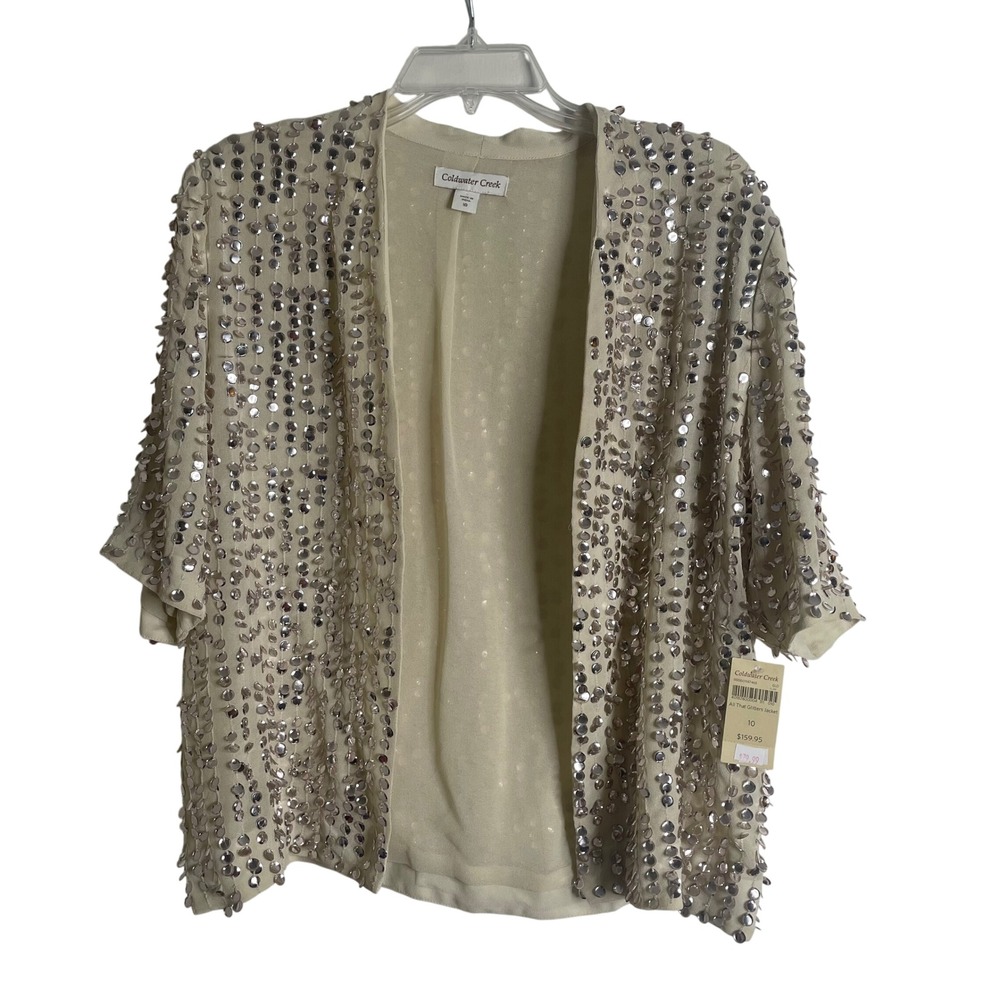 Coldwater Creek All That Glitters Sequin Jacket Cream Silver Open Size 10 NWT